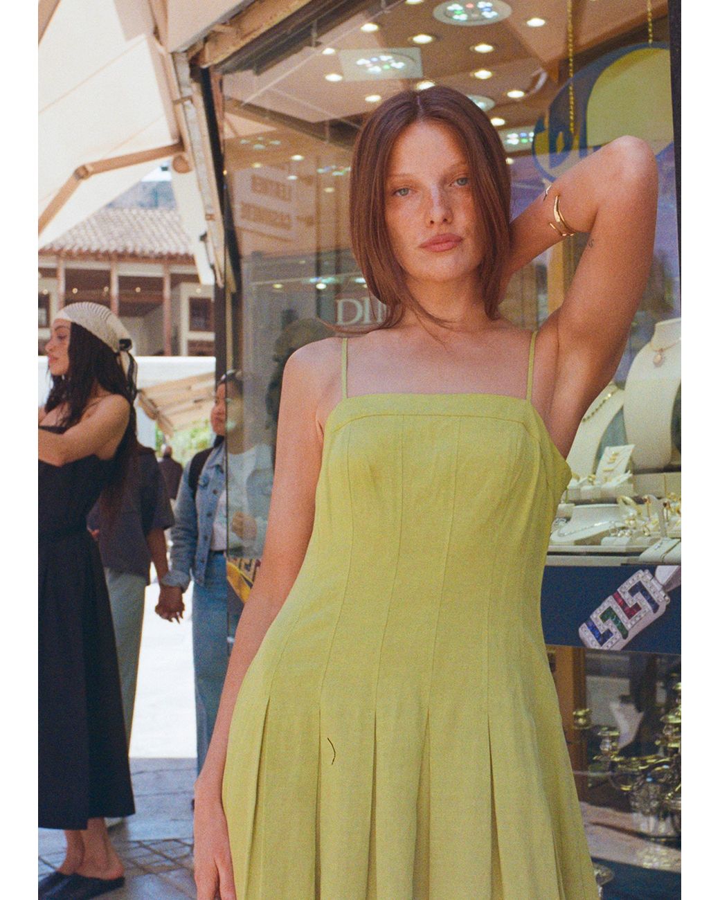 Whistles Green Linen Blend Waisted Midi Dress