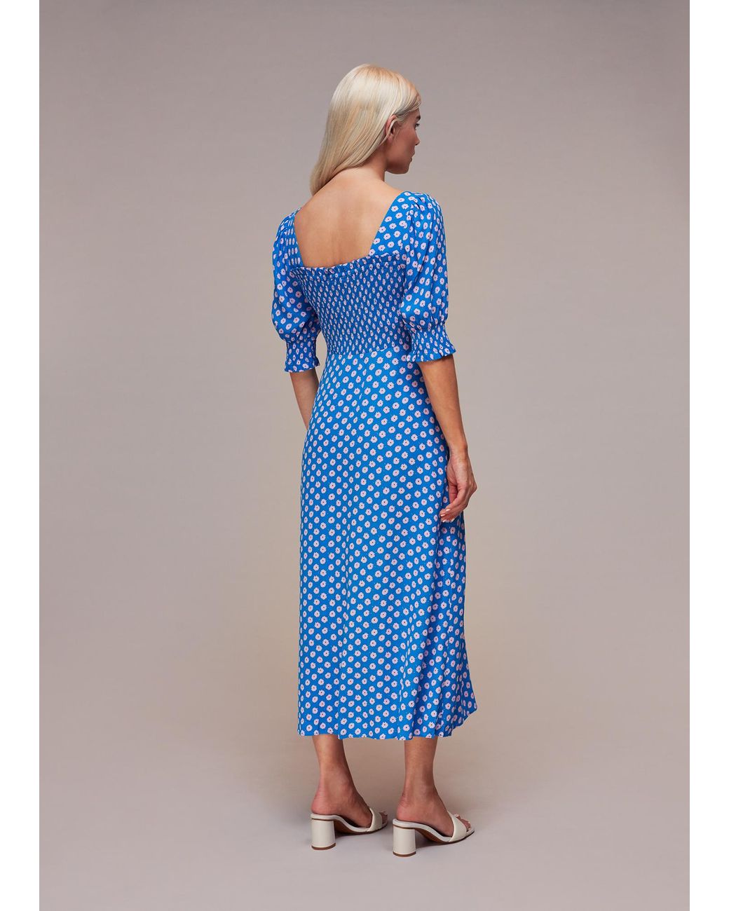 Whistles Blue Petite Floral Sunburst Shirred Dress