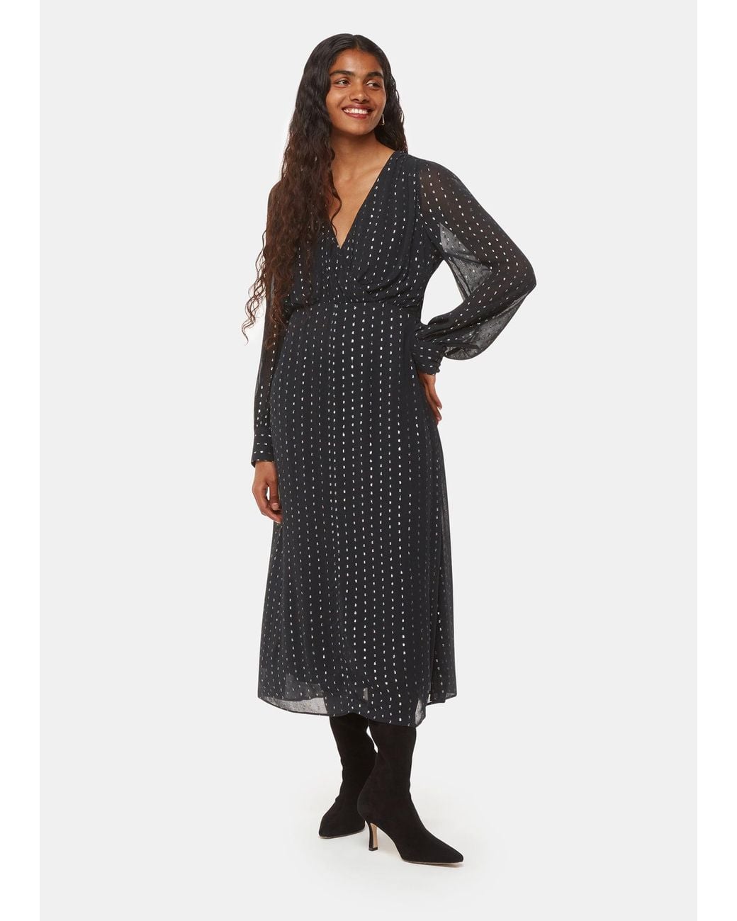 Whistles Black Petite Metallic Stripe Midi Dress