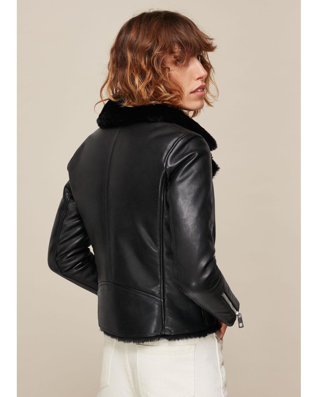 Whistles Black Faux Fur Lined Agnes Biker