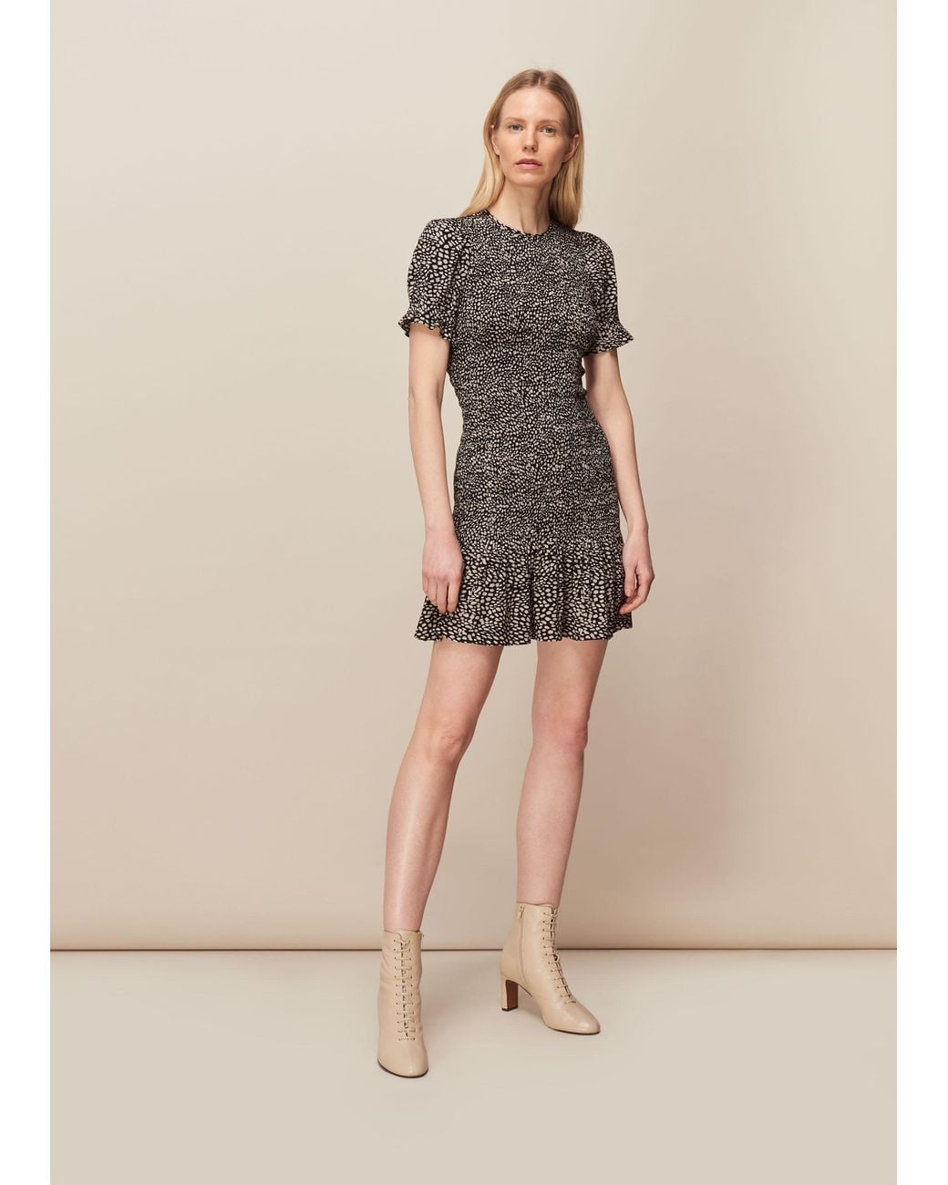 Whistles Natural Yasmin Spot Shirred Dress