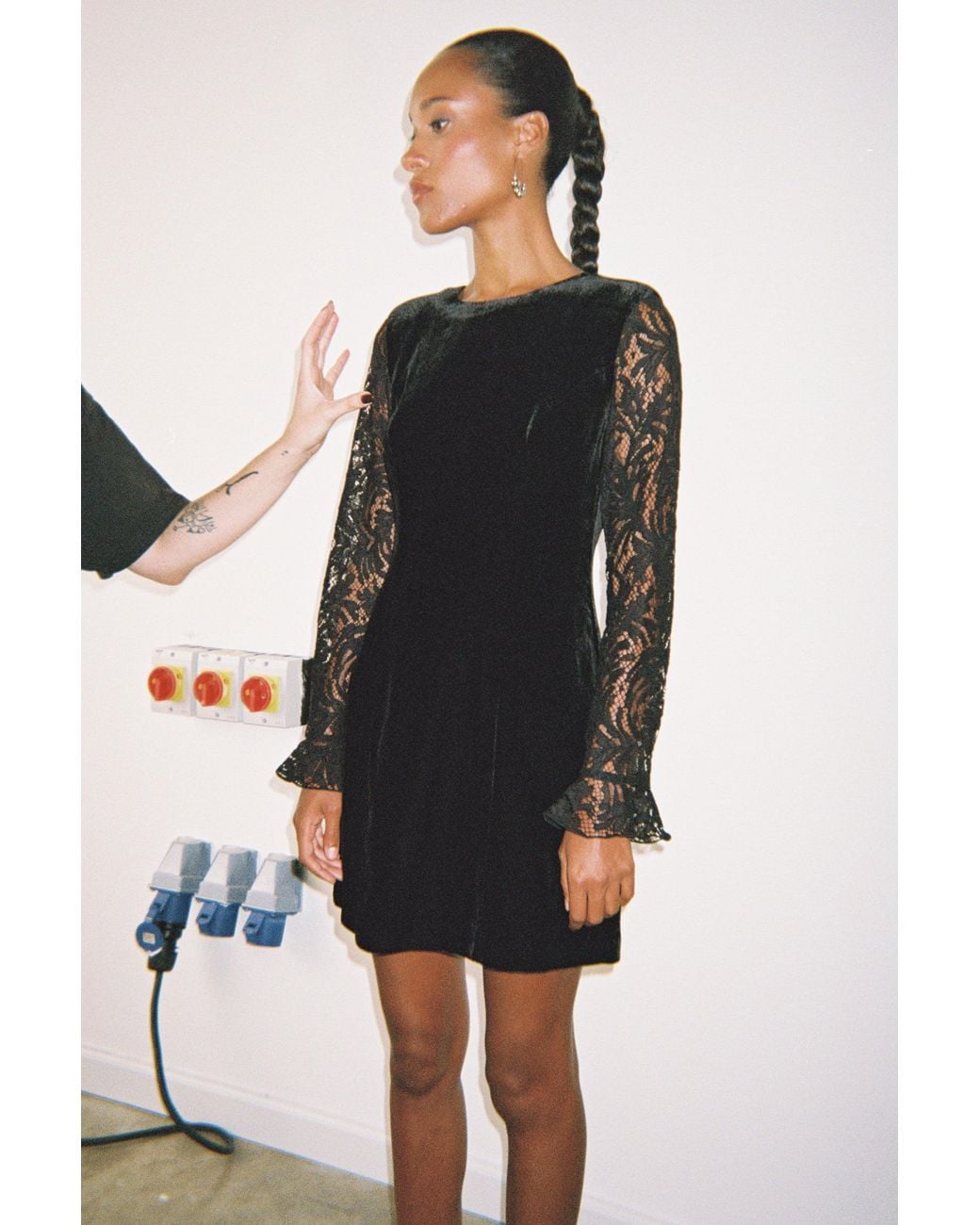 Whistles Black Lace Sleeve Velvet Mini Dress