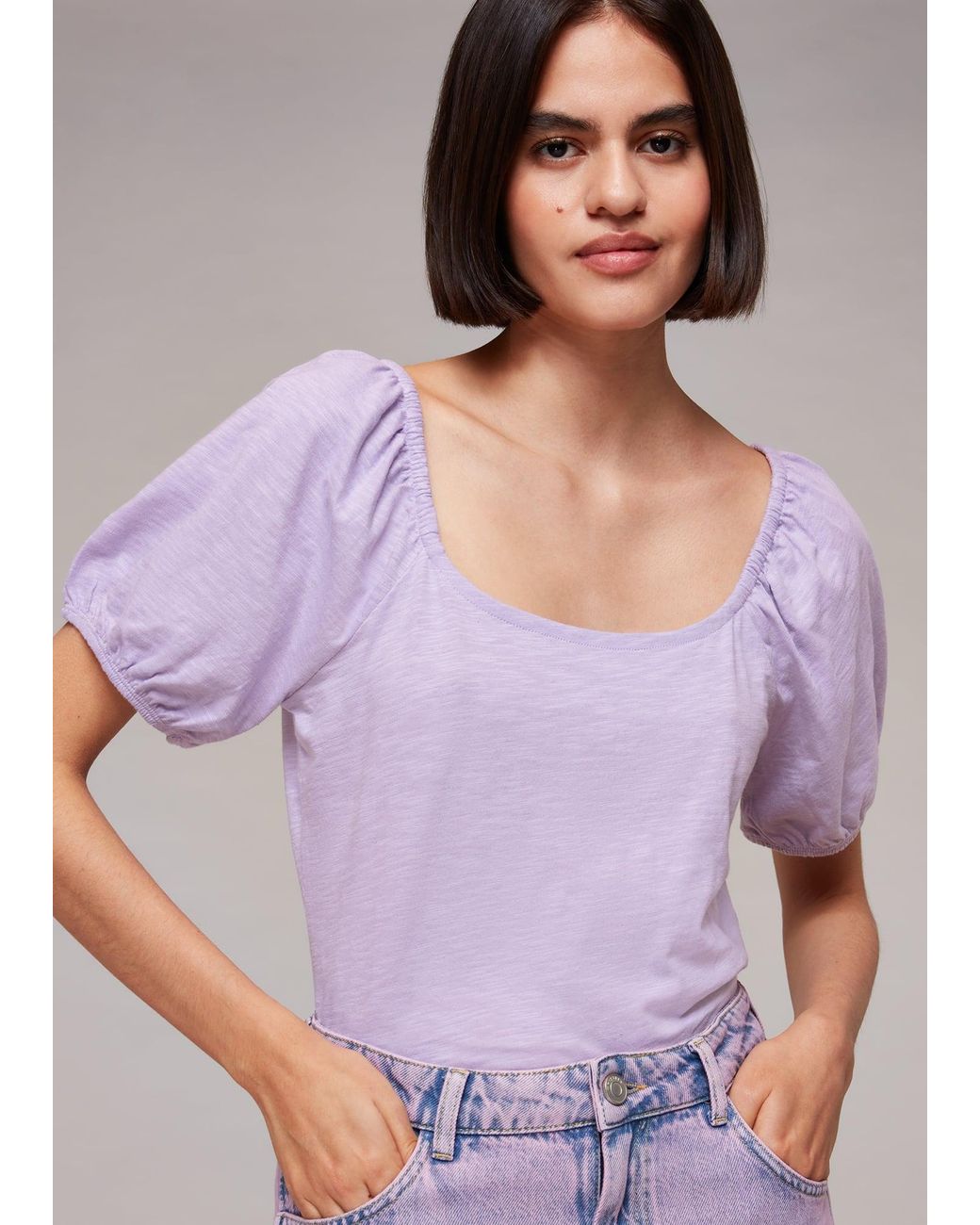 Whistles Purple Square Neck Puff Sleeve Top