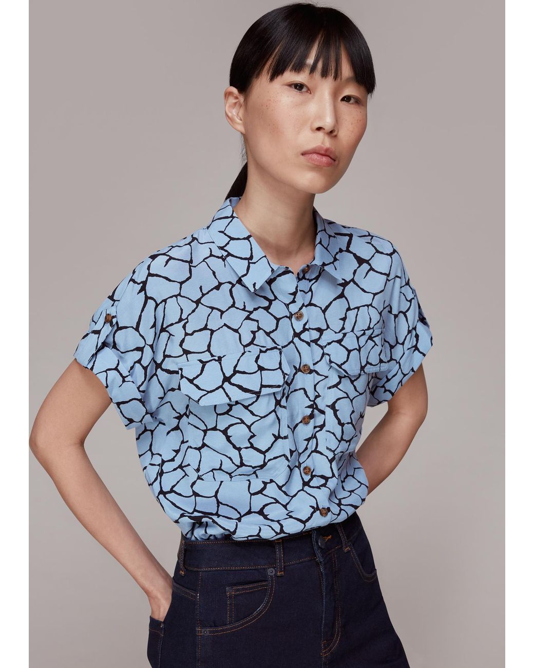 Whistles Blue Giraffe Print Pocket Shirt