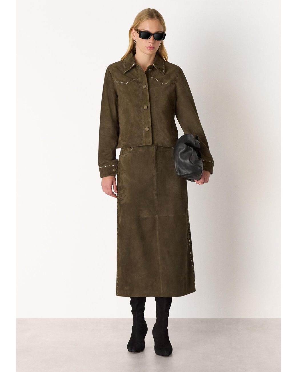 Whistles Natural Suede Studded Column Skirt