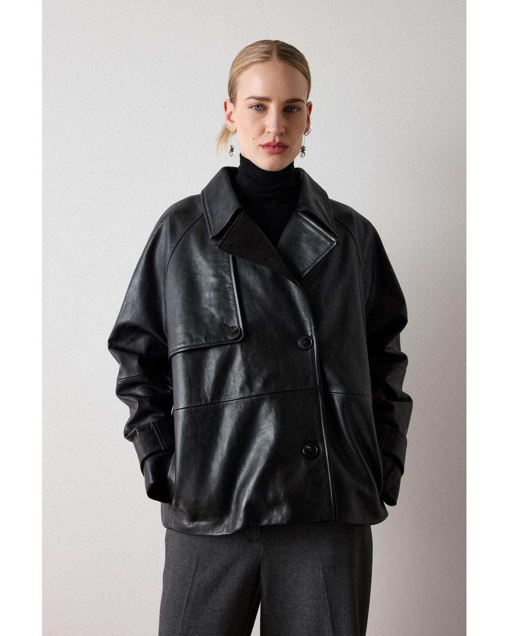 Whistles Black Short Leather Trench