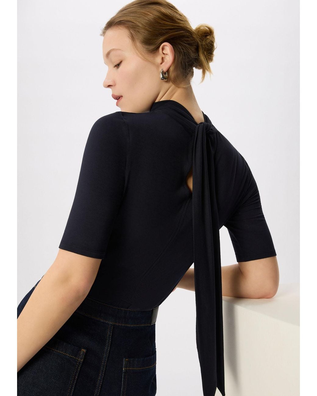 Whistles Blue Tie Neck Detail Top