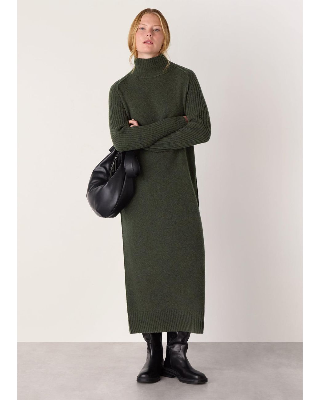 Whistles Green Funnel Neck Wool Midi Dress