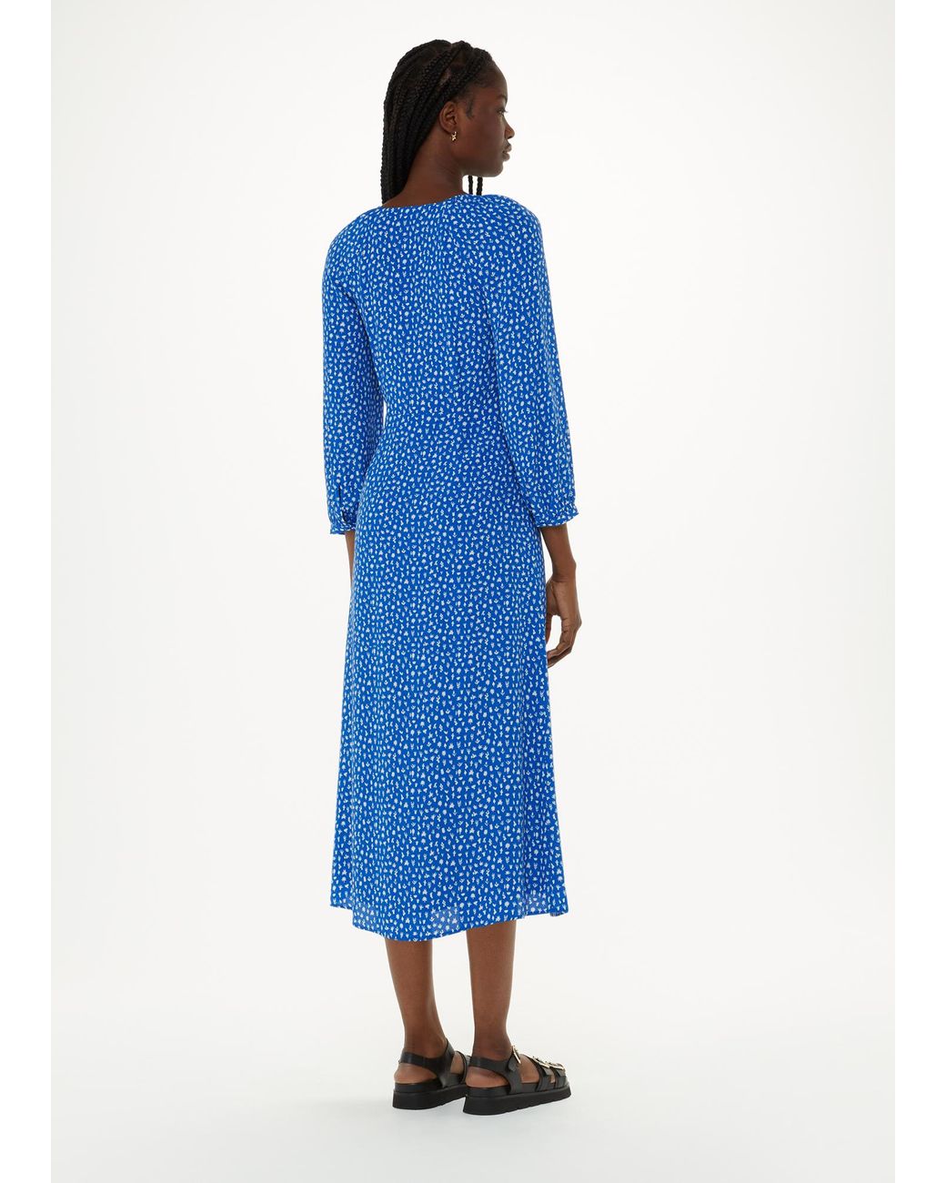 Whistles Blue Petite Micro Cactus Print Midi Dress