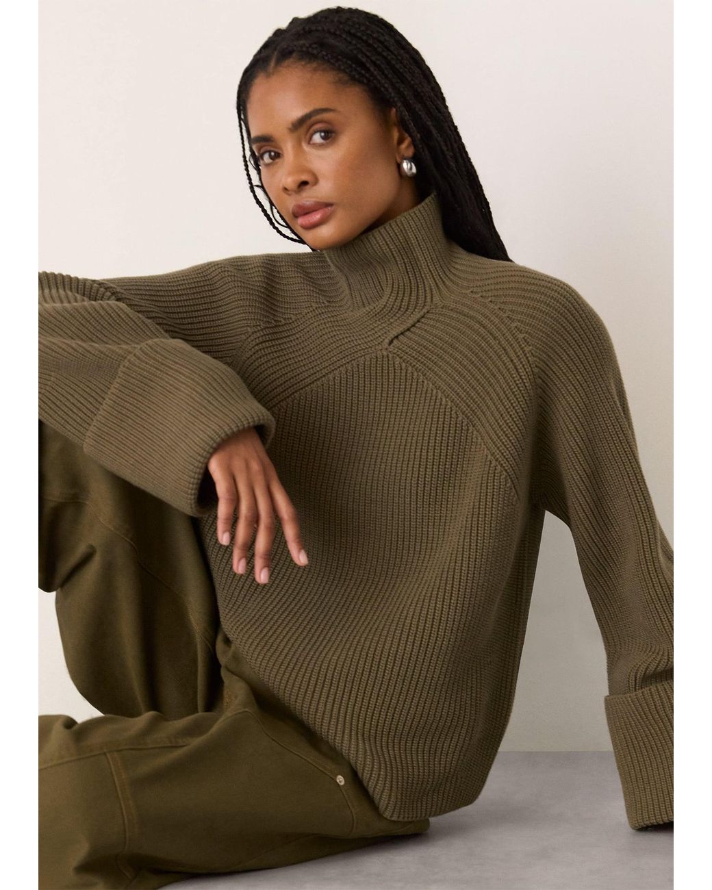 Whistles Green Rib Cable High Neck Jumper