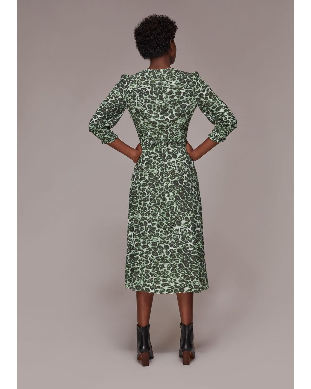Whistles Green Clouded Leopard Shirred Dress