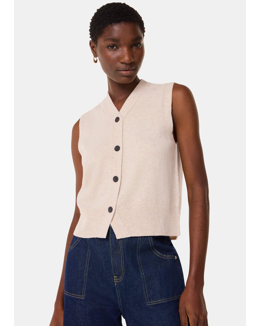 Whistles Blue Wool V Neck Button Front Tank
