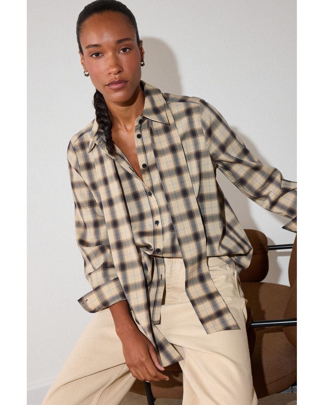 Whistles Brown Detachable Scarf Check Shirt