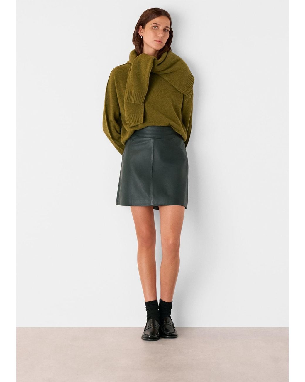 Whistles Green Leather A Line Skirt