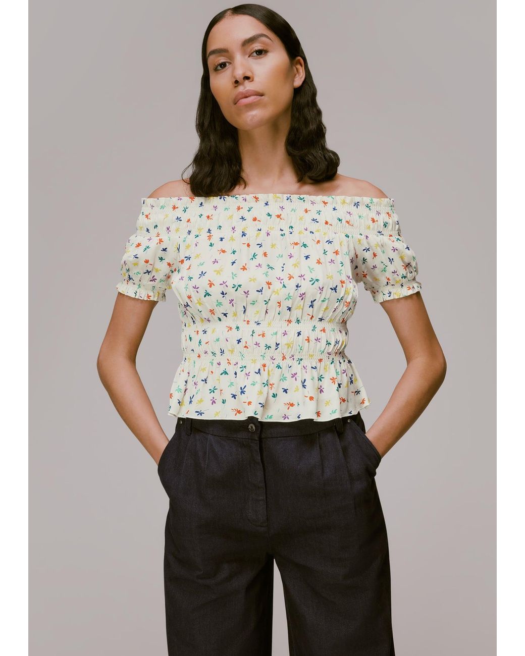 Whistles Gray Dancing Floral Bardot Top