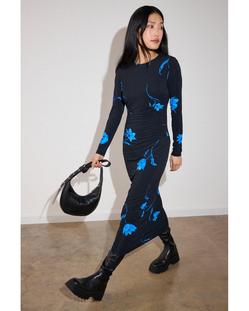 Whistles Blue Floral Ruched Jersey Dress