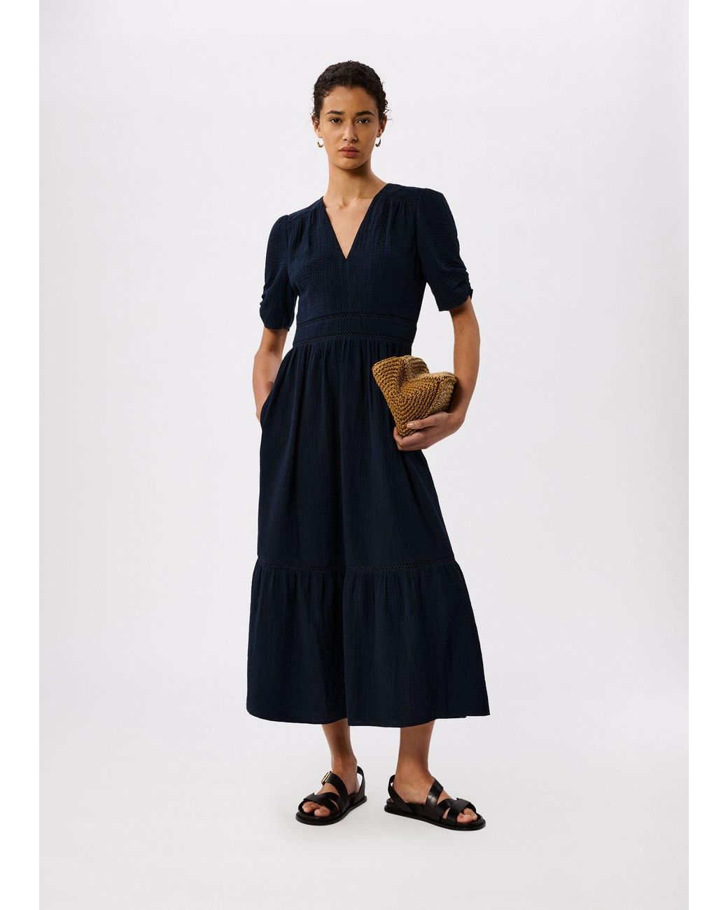 Whistles Blue V Neck Textured Midi Dress