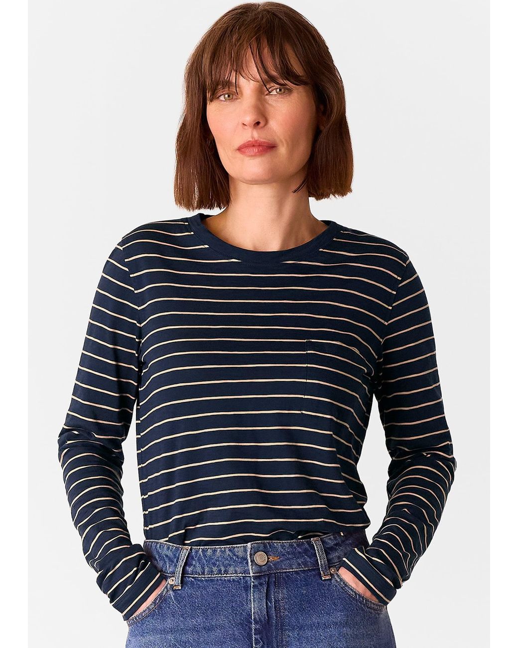 Whistles Blue Stripe Crew Neck Pocket Top