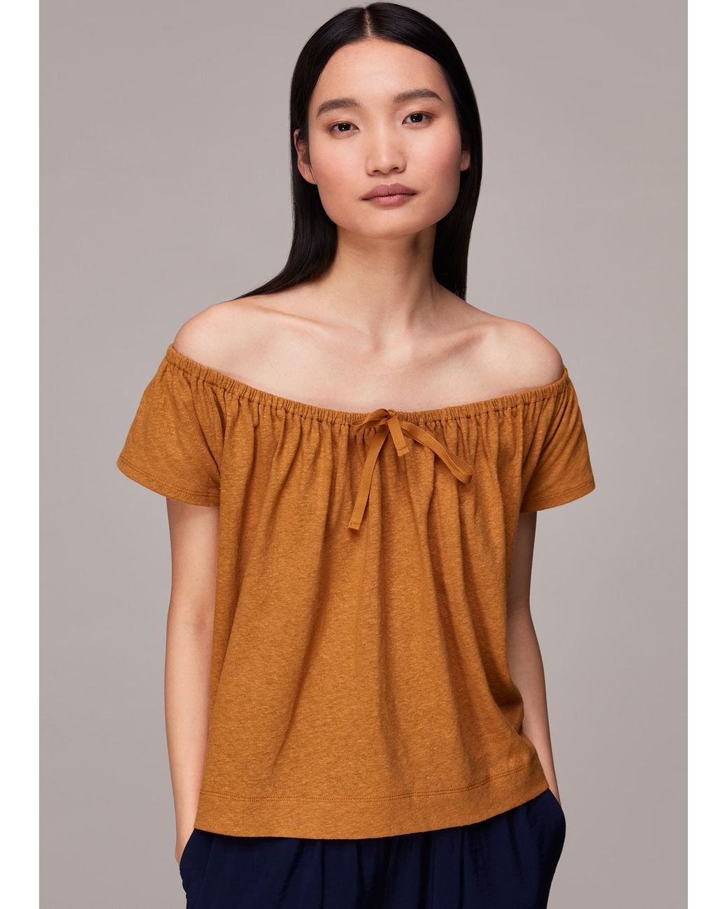Whistles Brown Drawstring Linen Bardot Top