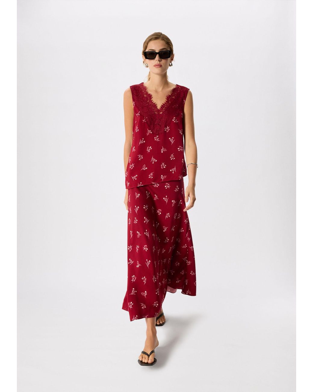 Whistles Red Floral Lace Trim Top