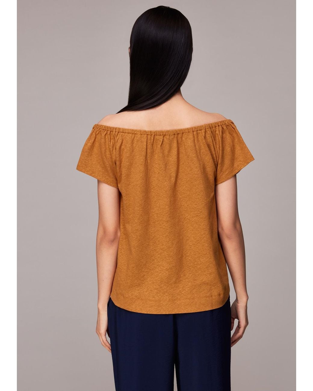 Whistles Brown Drawstring Linen Bardot Top