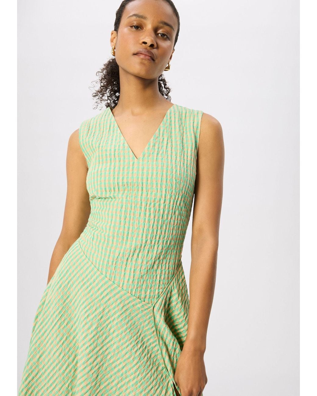 Whistles Green Check V Neck Asymmetric Dress