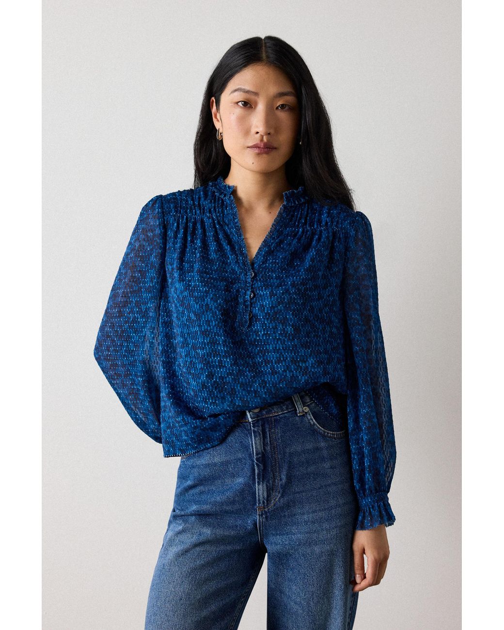 Whistles Blue Floral Textured V Neck Blouse