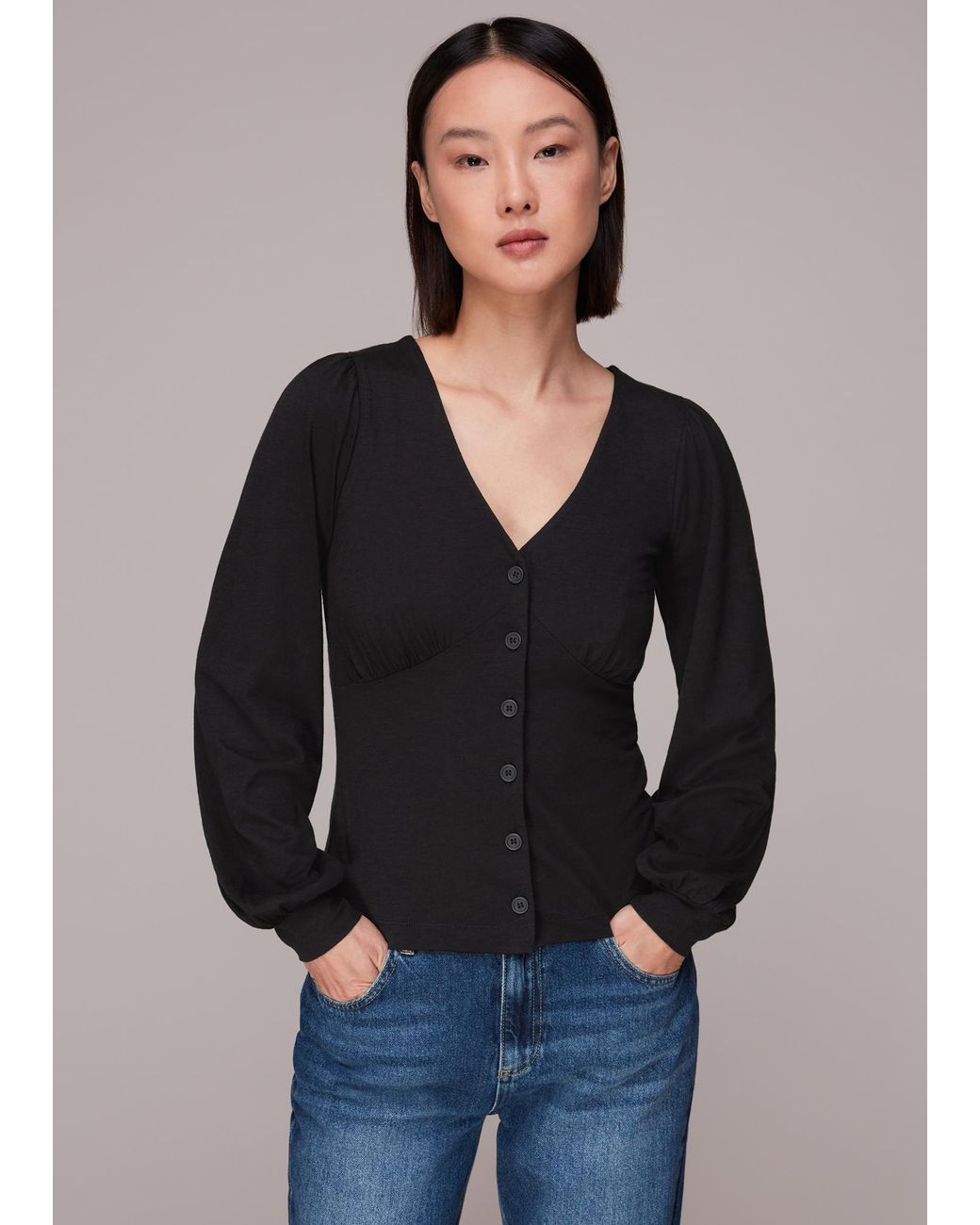 Whistles Black Amber V Neck Button Top