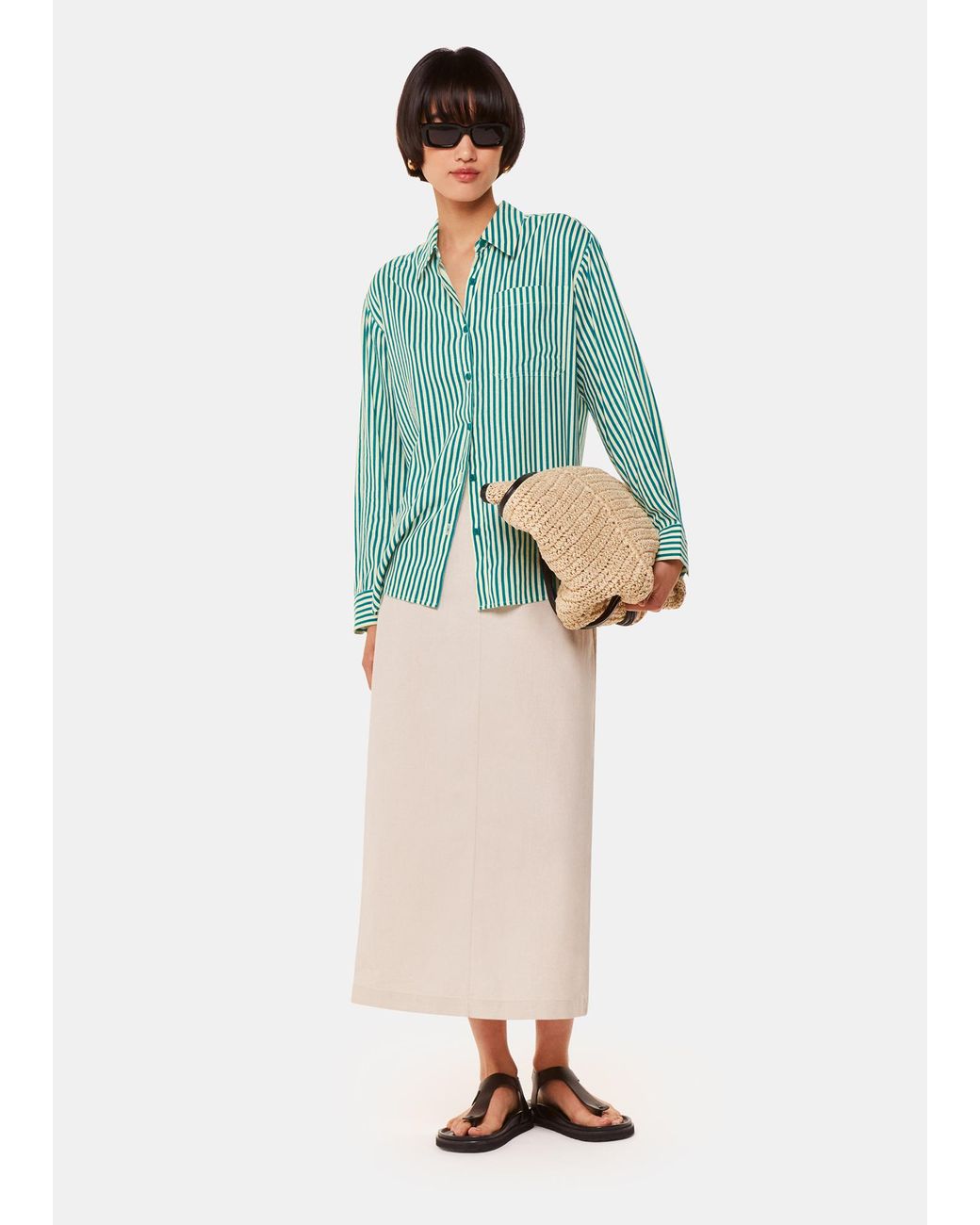 Whistles Green Stripe Linen Blend Shirt