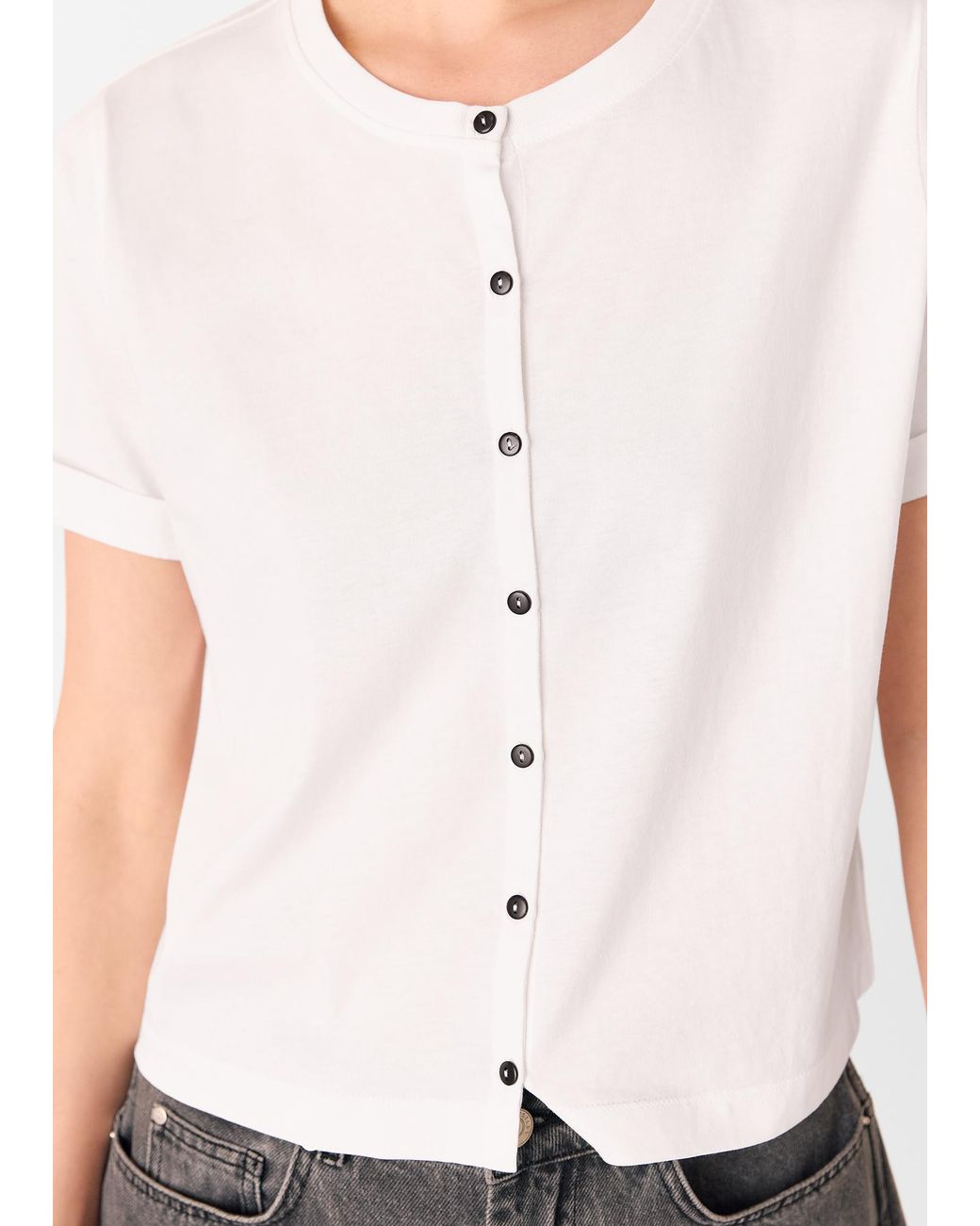 Whistles White Round Neck Button Up Tee