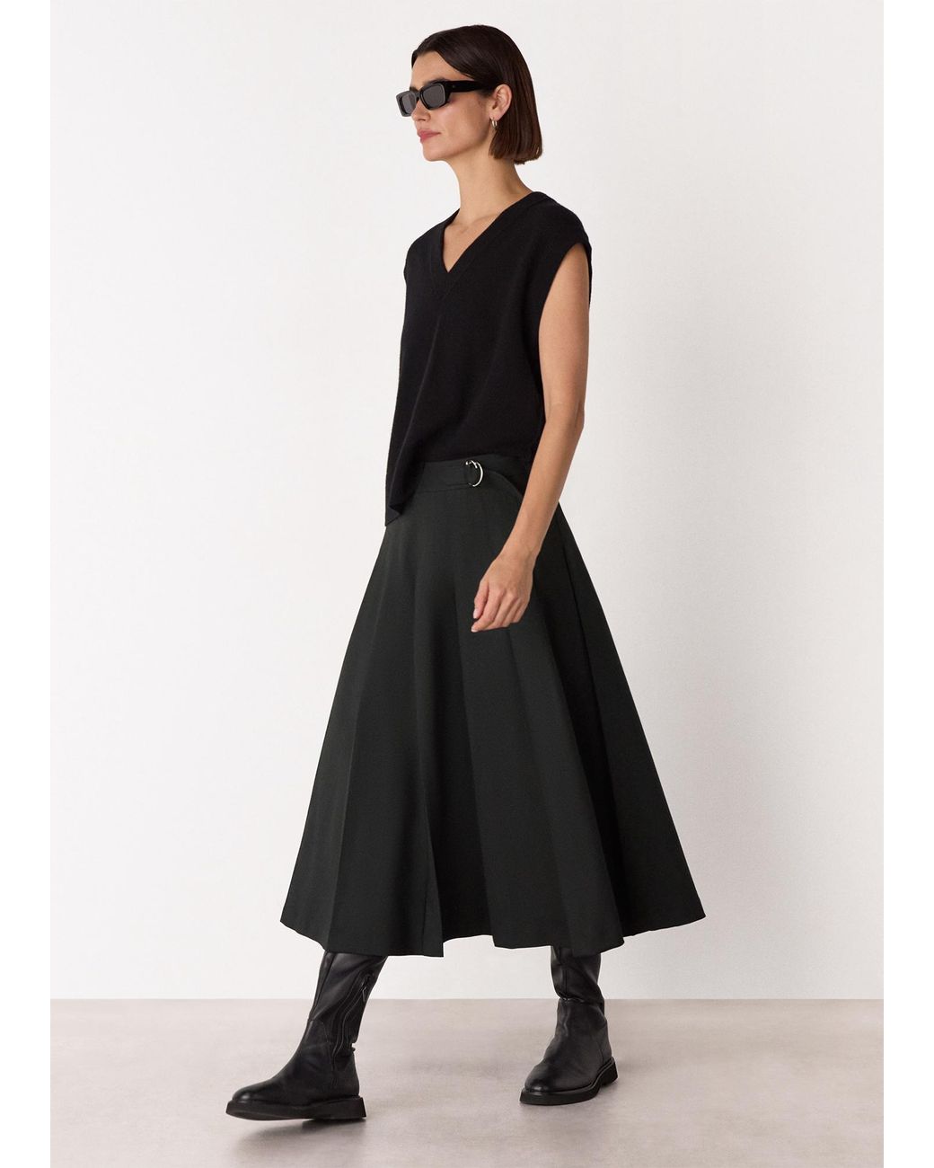 Whistles Black Wool Blend Pleated Kilt Skirt