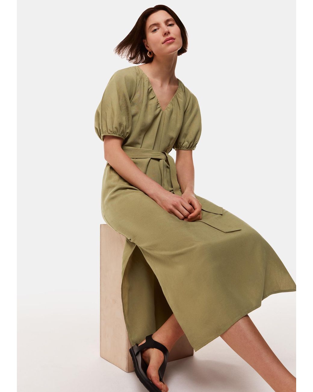 Whistles Green Ariella Linen Blend Midi Dress