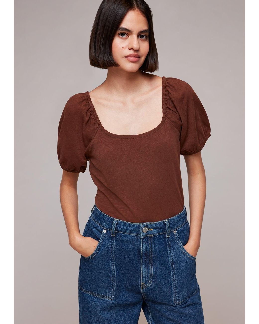 Whistles Blue Square Neck Puff Sleeve Top