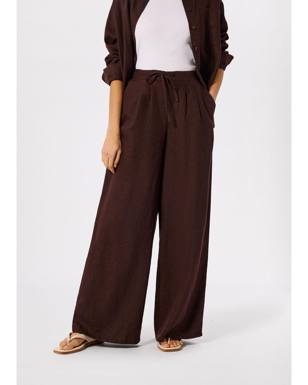 Whistles Brown Petite Wide Leg Linen Trouser