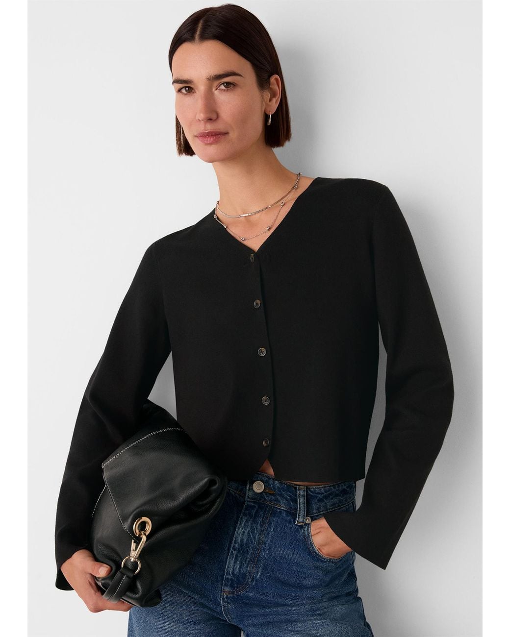 Whistles Black V Neck Button Front Cardigan