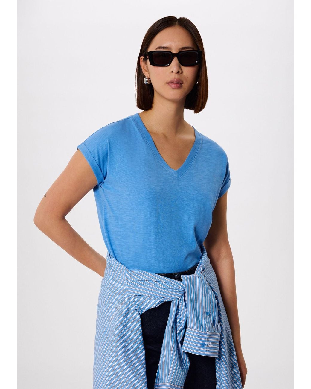 Whistles Blue Willa V-Neck Cap Sleeve Tee