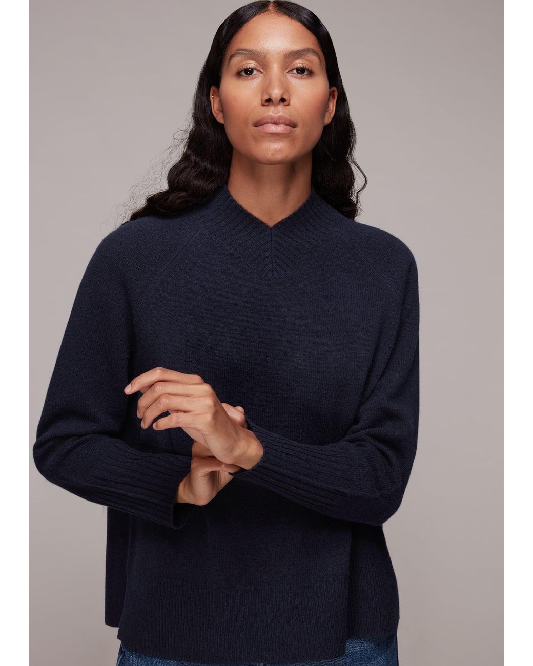 Whistles Blue High V Neck Knit