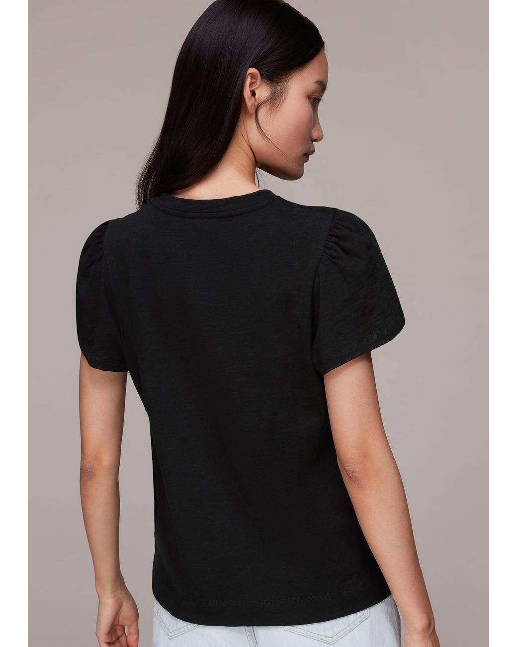 Whistles Black Cotton Frill Sleeve T Shirt
