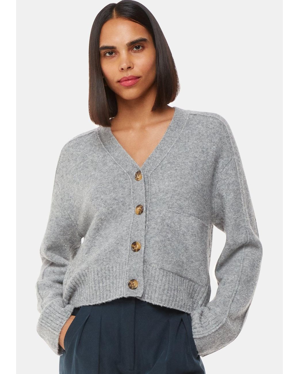 Whistles Gray Three-Button Wool Blend Cardigan