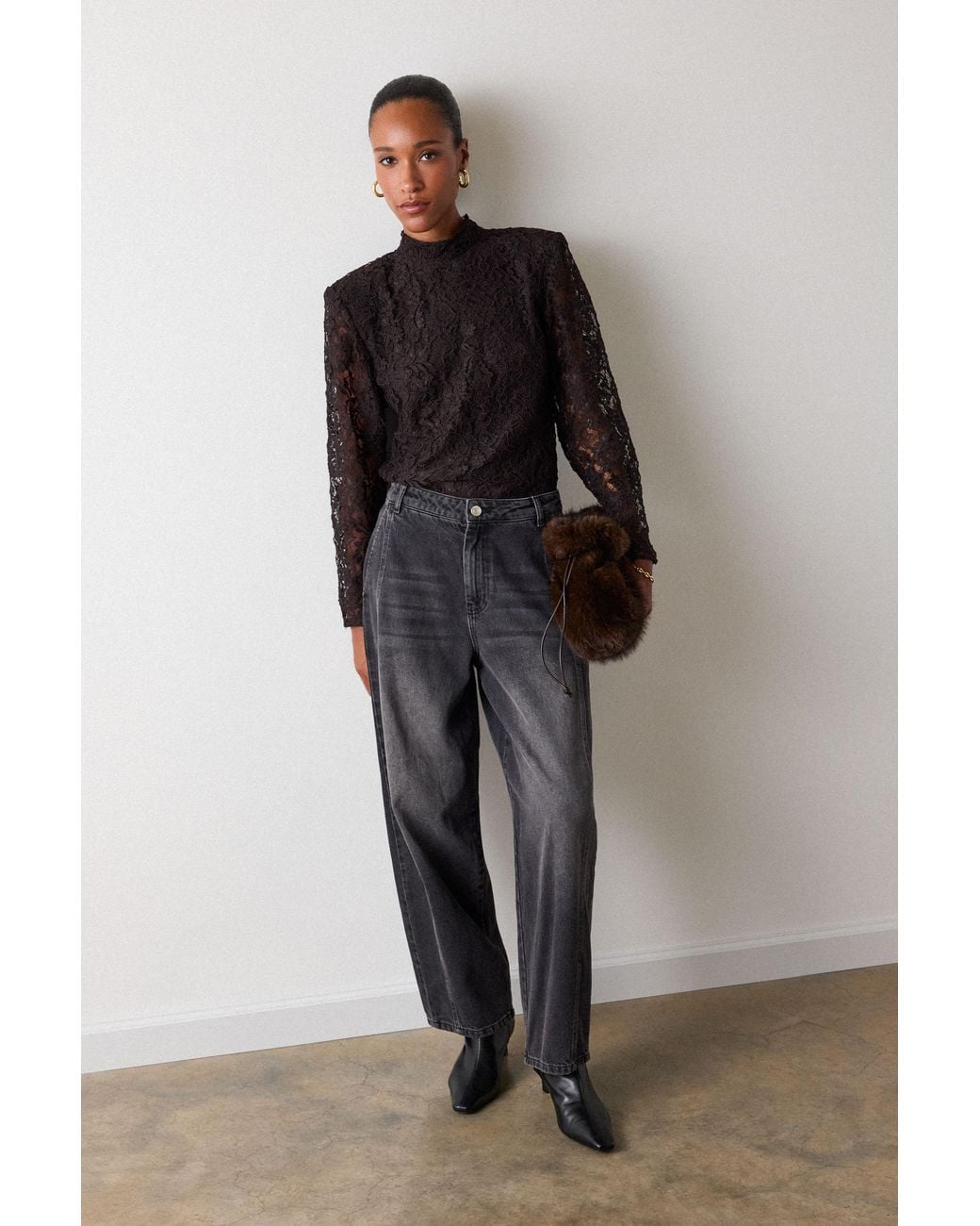 Whistles Black Lace Power Shoulder Top