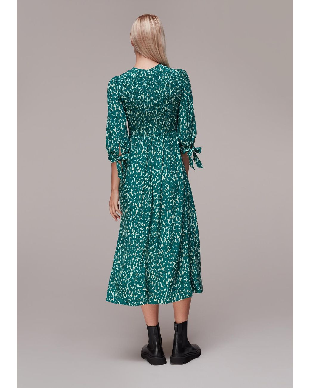 Whistles Green Sahara Cat Shirred Midi Dress