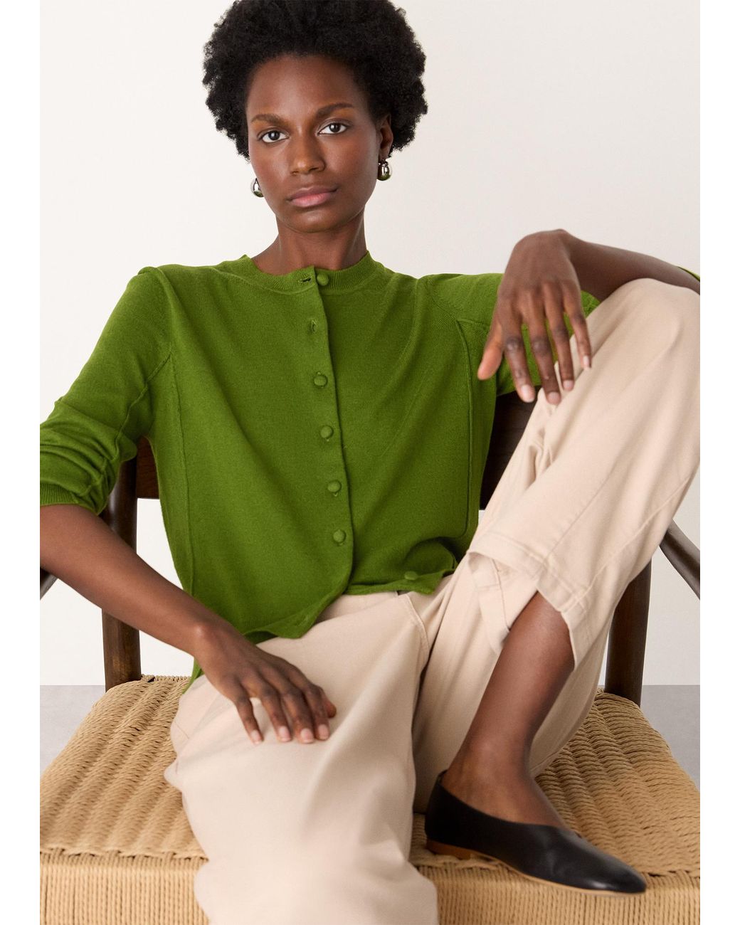 Whistles Green Fine Gauge Crew Neck Cardigan