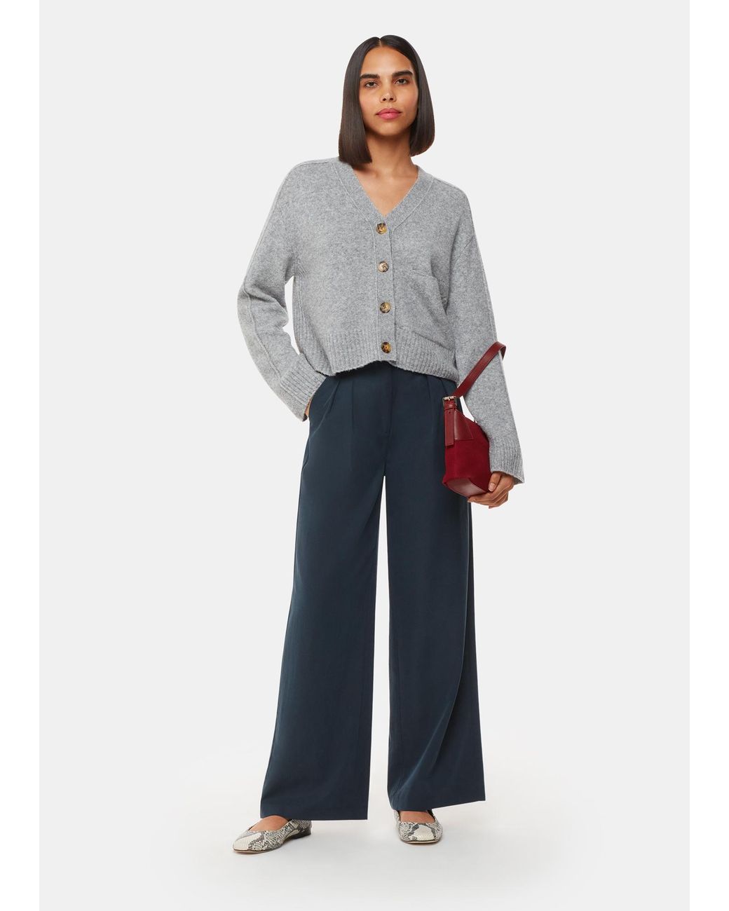 Whistles Gray Three-Button Wool Blend Cardigan