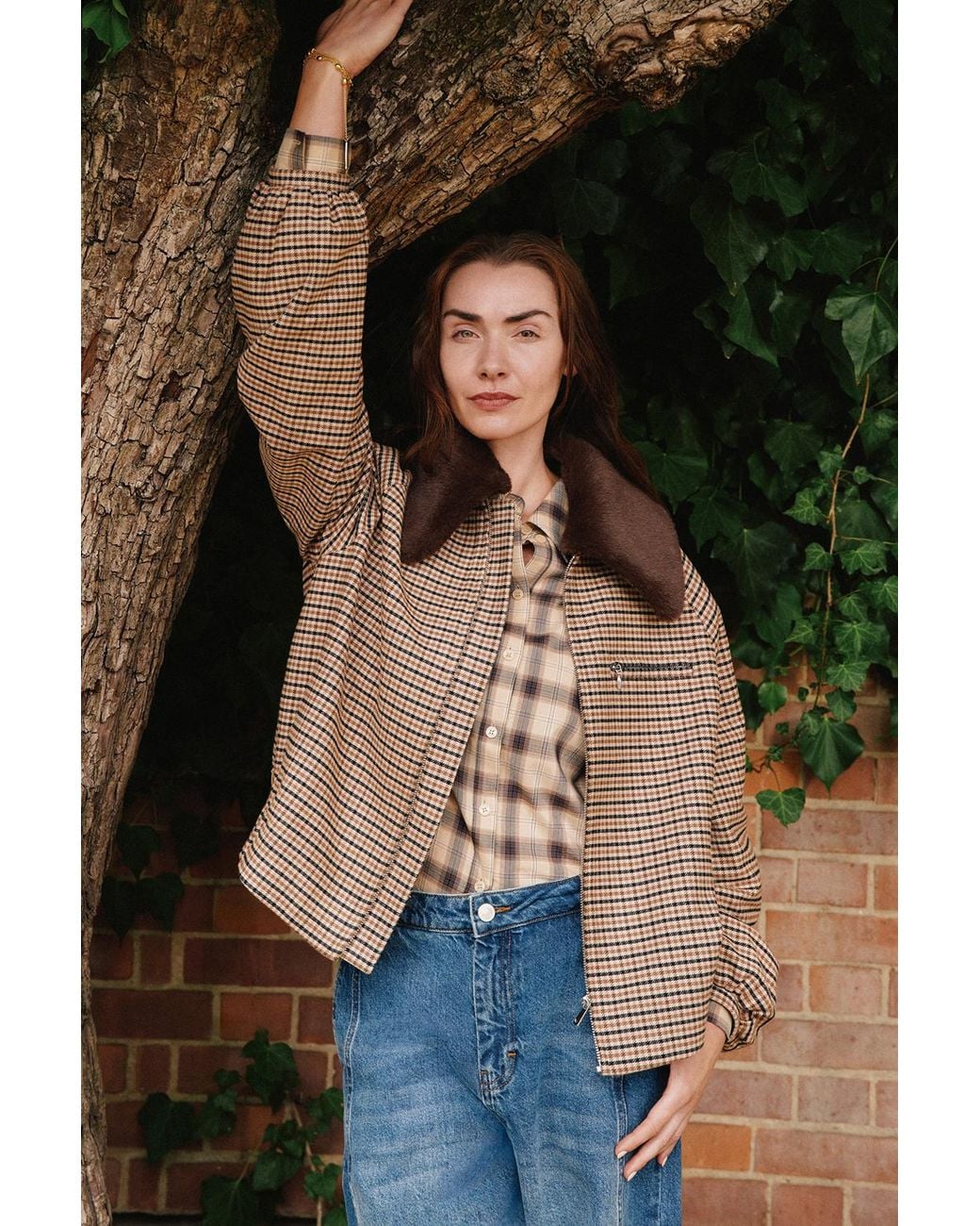Whistles Multicolor Faux Fur Collar Check Bomber