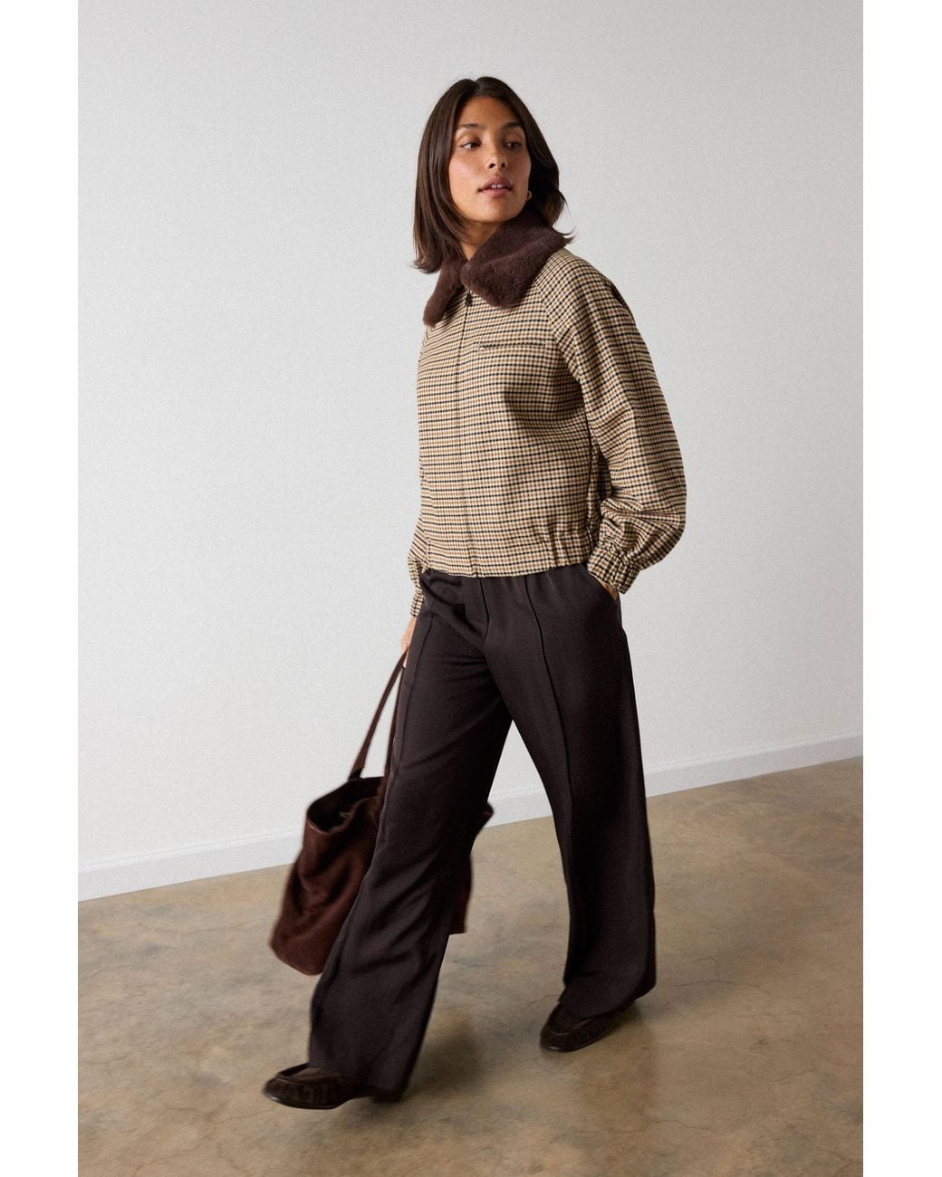 Whistles Multicolor Faux Fur Collar Check Bomber