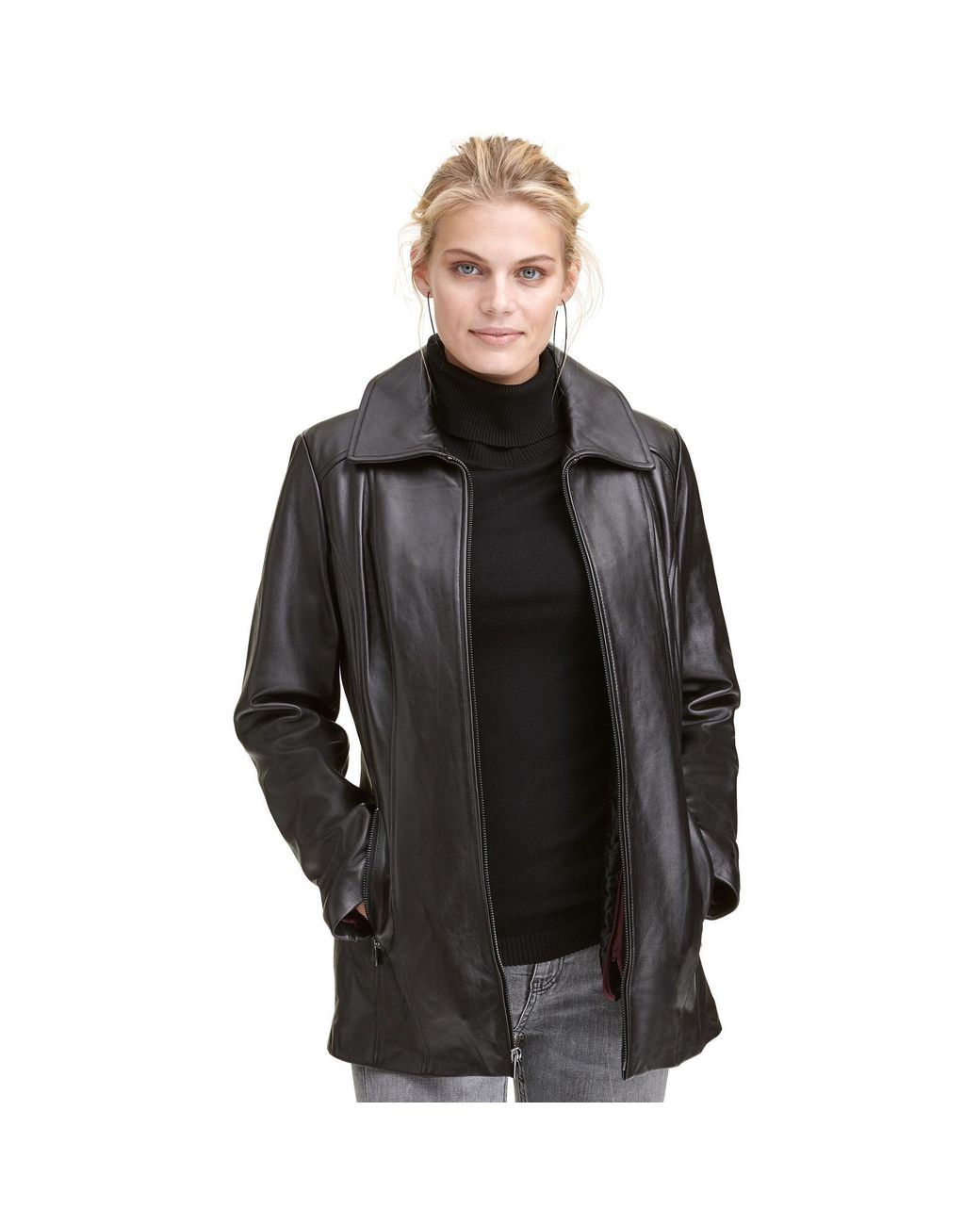 Women S Black Thinsulate Front Zip Leather Scuba Jacket