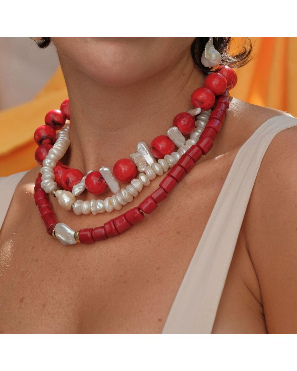 LINYA JEWELLERY Red Harmonia Baroque Pearl Coral Necklace
