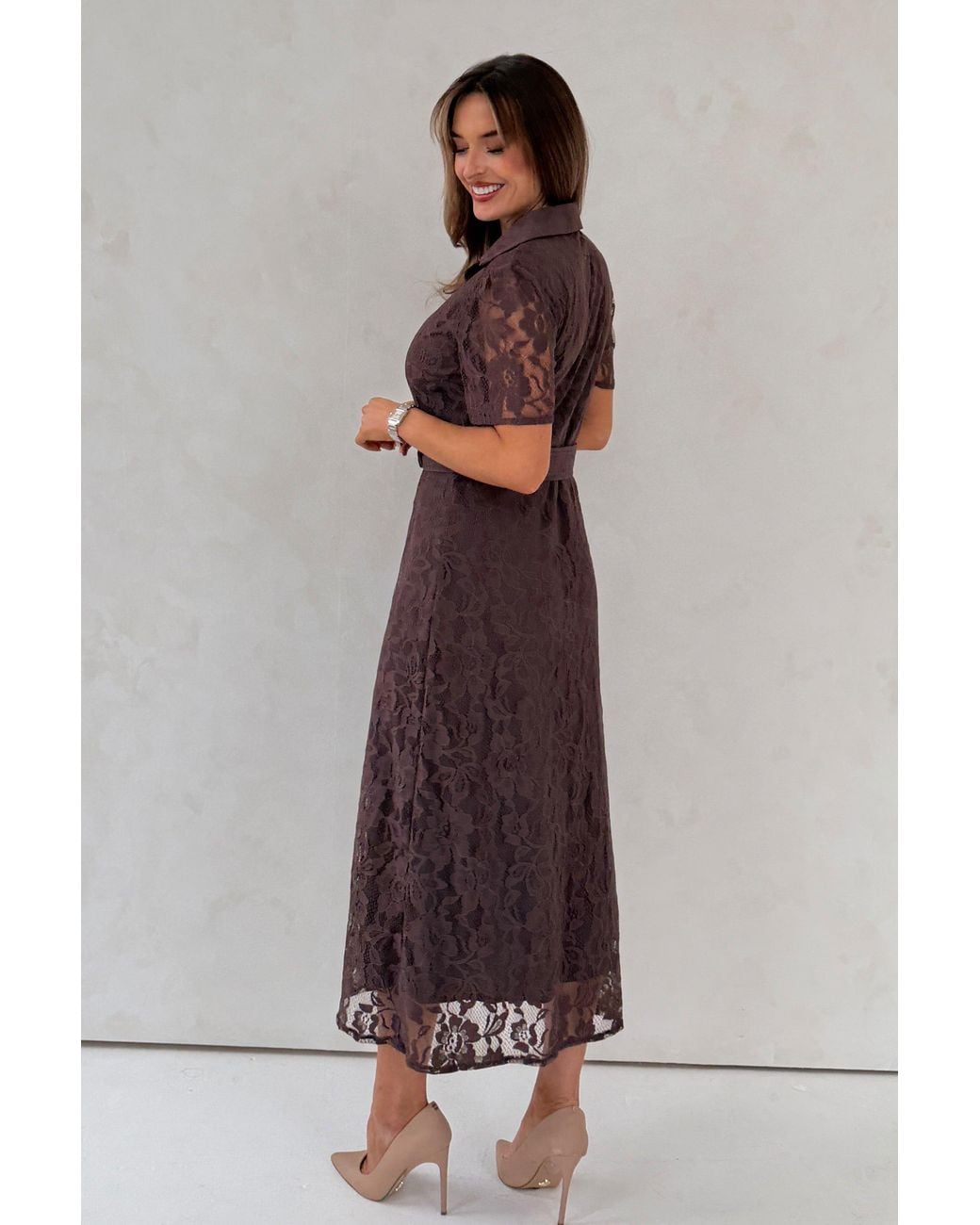 Girl In Mind Brown Tansy Short Sleeve Lace Shirt Dress
