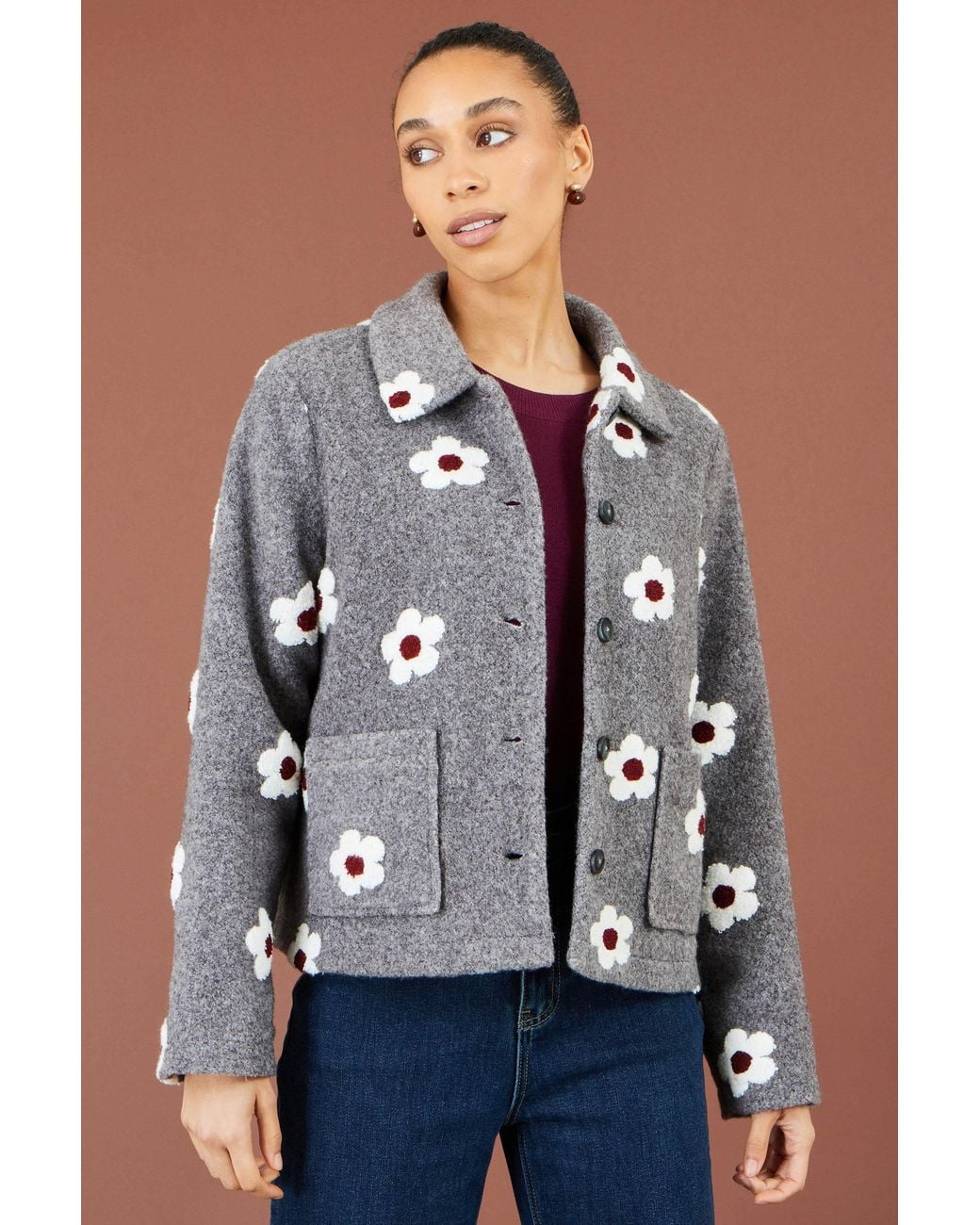 Yumi' Gray Embroidered Daisy Fleece Jacket