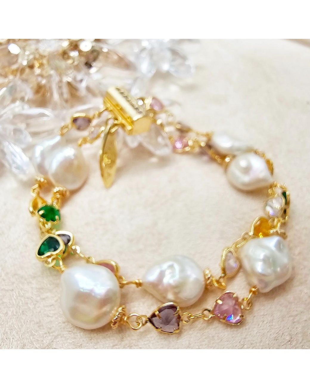 Farra Metallic Colorful Zircon With Irregular Flat Baroque Pearls Double Layers Bracelet